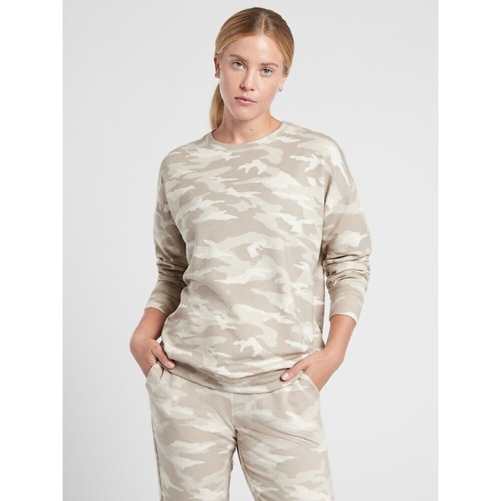 Athleta Balance Pullover Camouflage Camo Lux Oatmeal Heather Sweatshirt SZ XL
